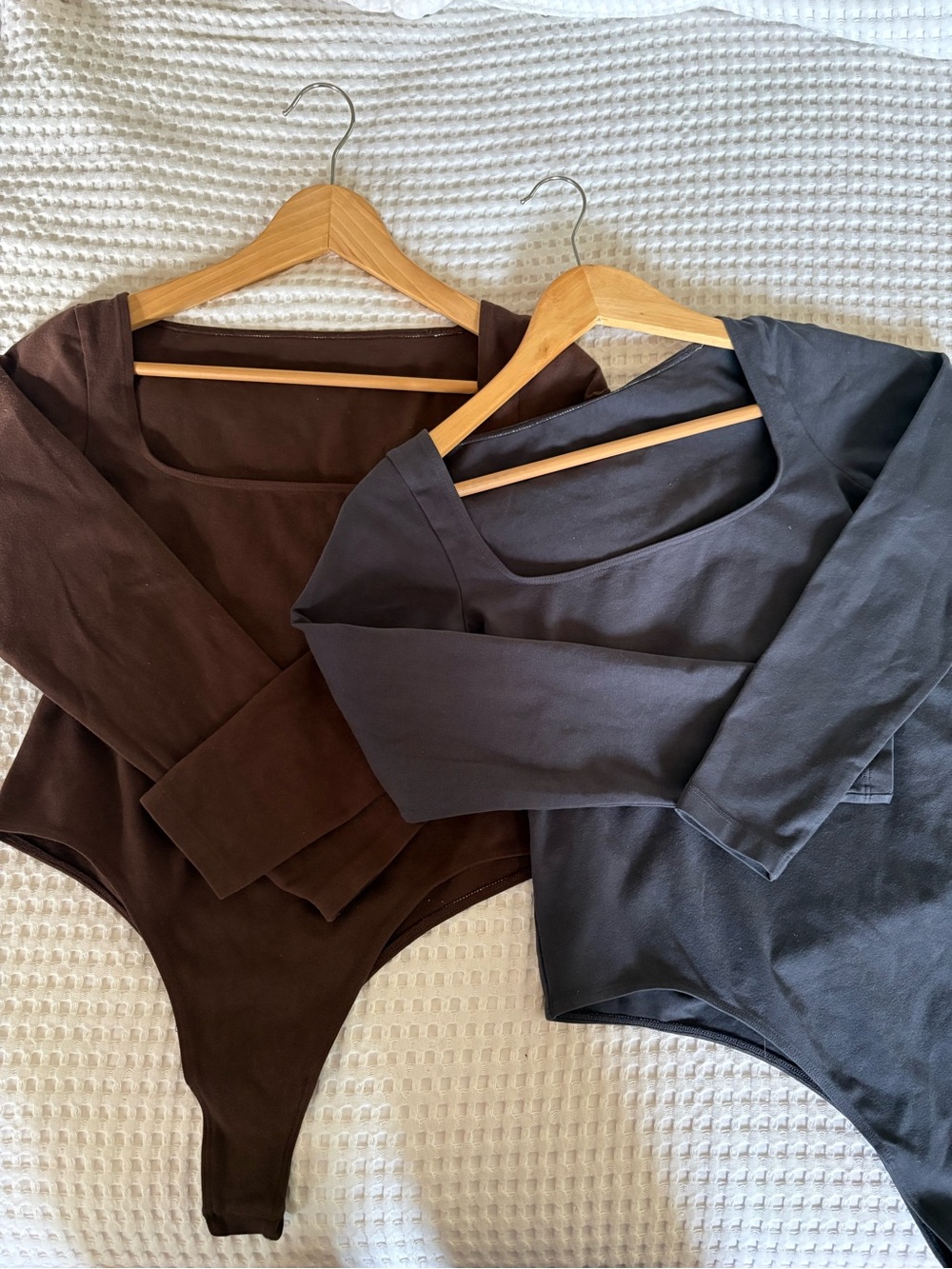 Lot of 2 Los Angeles Apparel Long Sleeve Square Neck Bodysuits - Brown and Navy